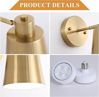 Battery Operated Wall Sconce Set of Two,Gold Modern with Remote Control Dimmable Wall Lighting Indoor, Not Hardwired Led Wall Lamp Fixtures for Bedroom, Bulb Included