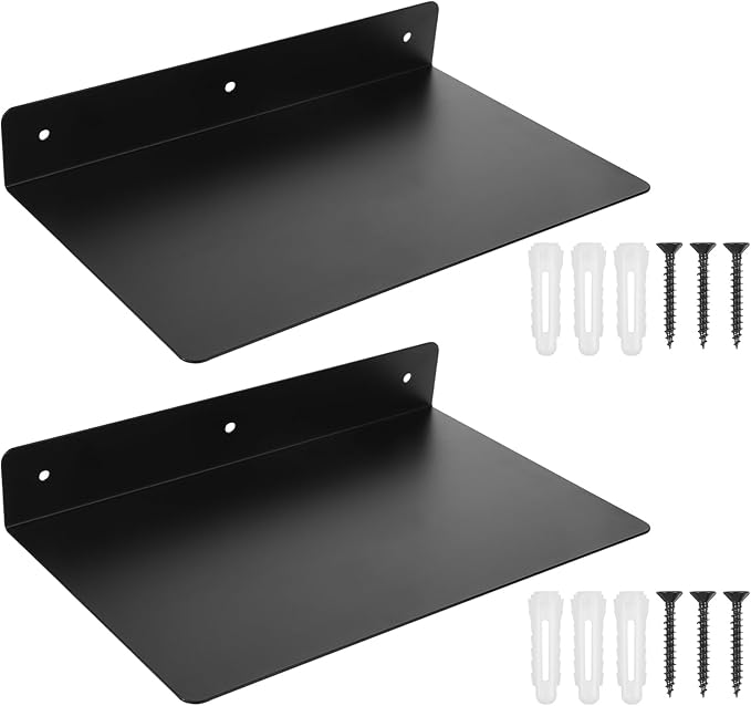 2 Pack Heavy Duty Metal Floating Shelves (12” x 8”) – Industrial Black Wall Mounted Shelves for Modern Home & Office Storage