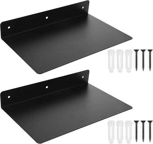 2 Pack Heavy Duty Metal Floating Shelves (12” x 8”) – Industrial Black Wall Mounted Shelves for Modern Home & Office Storage