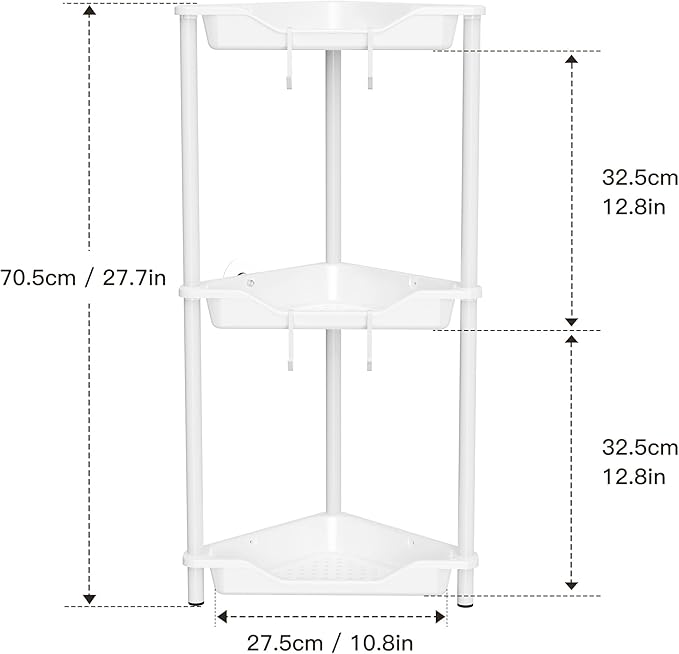 Orimade Rustproof 3 Tier Floor Standing Corner Shower Caddy Organizer, Plastic Metal Splicing Floor Corner Shelf Rack Stands for Bathroom, White