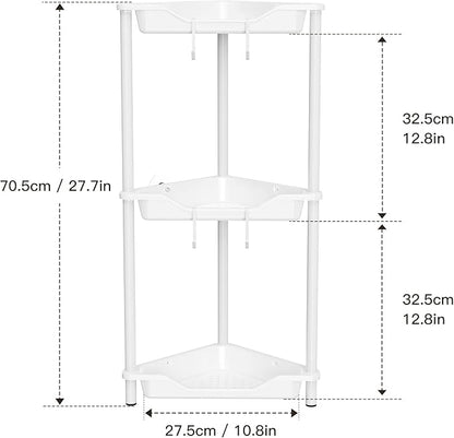 Orimade Rustproof 3 Tier Floor Standing Corner Shower Caddy Organizer, Plastic Metal Splicing Floor Corner Shelf Rack Stands for Bathroom, White