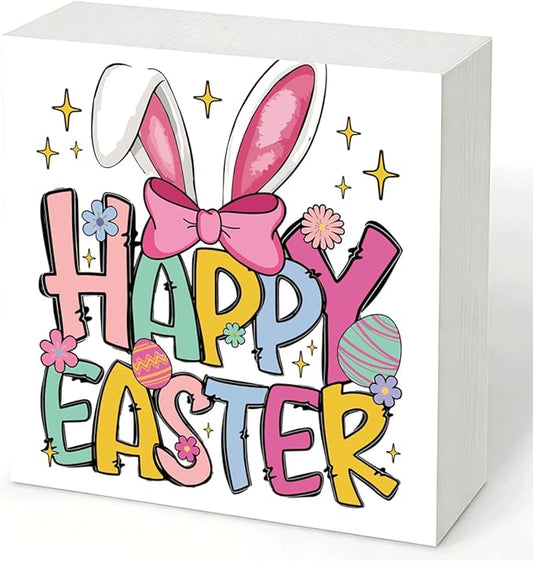 Easter Decorations for Home Happy Easter Bunny Wooden Box Sign, Cute Spring Table Decor, Farmhouse Easters Desk Decorations, Easters Porch Party Supplies, Holiday Shelf Plaque for Living Room Office