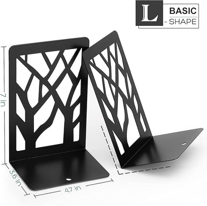 MaxGear Book Ends Tree Design Modern Bookends for Shelves, Non-Skid Bookend, Heavy Duty Metal Book Stopper for Books/CDs, Decorative Books Shelf for Home,7 x 4.7 x 3.5”, Black, 3 Pair/6 Pieces, Large