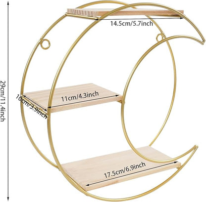 Floating Shelves Wall Mounted, 3-Tier Storage Display Rack Storage Display Rack Metal Wall Mount Display Organizer Holder for Home Decor,Gold (1, Round+ Moon)