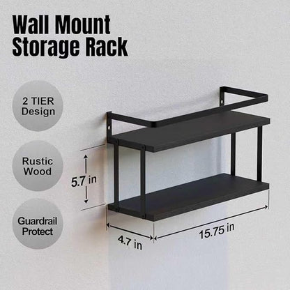 RICHER HOUSE Dual-Level Guardrail Floating Shelves, Rustic Wood Bathroom Shelf Wall Mounted, Over Toilet Paper Storage Shelves for Wall Decor, Bathroom Organizers - Black