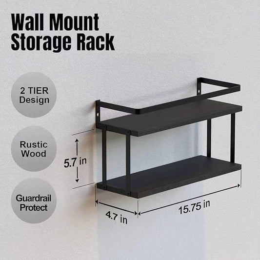RICHER HOUSE Dual-Level Guardrail Floating Shelves, Rustic Wood Bathroom Shelf Wall Mounted, Over Toilet Paper Storage Shelves for Wall Decor, Bathroom Organizers - Black