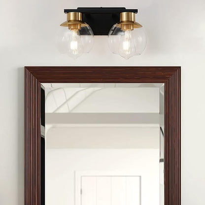 PAZALA 2 Light Vanity Lights, Black Gold Bathroom Wall Sconce Light with Globe Glass Shade, Bathroom Light Fixture Over Mirror for Bedroom, Living Room, Hallway (E26 Base)