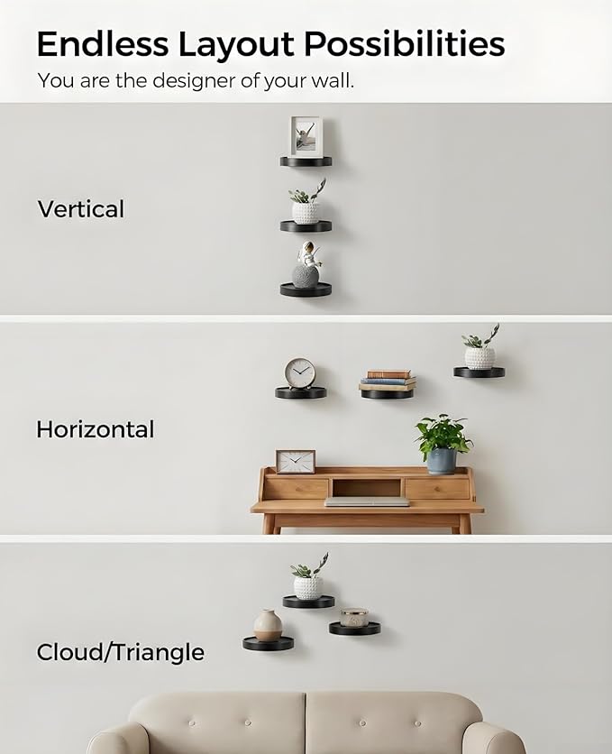 AceList Small Round Floating Shelves (Set of 3), 6 Inch Real Wood Circle Wall Shelf for Bathroom & Bedroom Decor, Matte Black Invisible Mount Display Rack for Plants, Collectibles, and Trophies