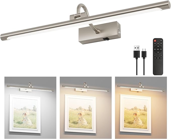 Aipsun 23.6" Brushed Nickel Picture Lights for Wall Rechargeable,12000mAh LED Battery Operated Art Light for Paintings,3CCT Dimmable, Rotatable Gallery Light for Pictures Display