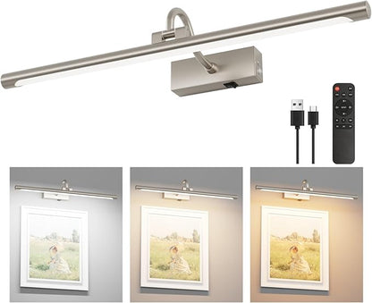 Aipsun 23.6" Brushed Nickel Picture Lights for Wall Rechargeable,12000mAh LED Battery Operated Art Light for Paintings,3CCT Dimmable, Rotatable Gallery Light for Pictures Display