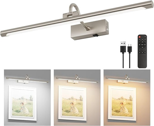 Aipsun 23.6" Brushed Nickel Picture Lights for Wall Rechargeable,12000mAh LED Battery Operated Art Light for Paintings,3CCT Dimmable, Rotatable Gallery Light for Pictures Display