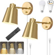 Plug in Wall Sconces with Remote Control, Adjustable Color Temperature 2700K-6000K and Dimmable Wall Sconces Gold Wall Lights with Plug in Cord for Bedroom Bedside Stairway(2 Pack, 2 Bulbs)