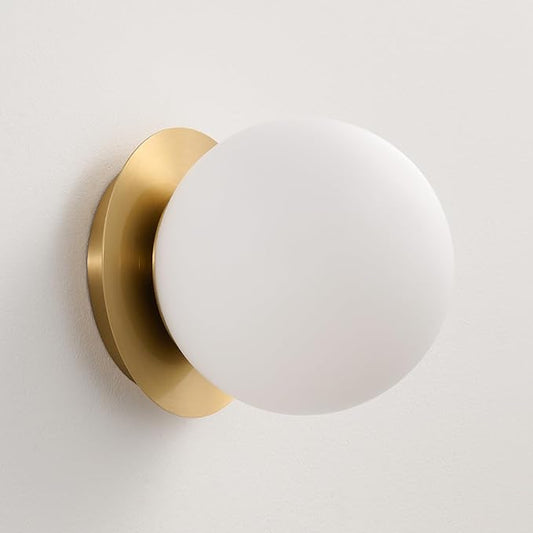 Modern Globe Brass Wall Sconce: 6" Gold Mid Century Modern Indoor Wall Mounted Lamp - Small Minimalist Frosted White Glass Bathroom Sconces - Ball Vanity Light for Bedroom Living Room Hallway Entryway