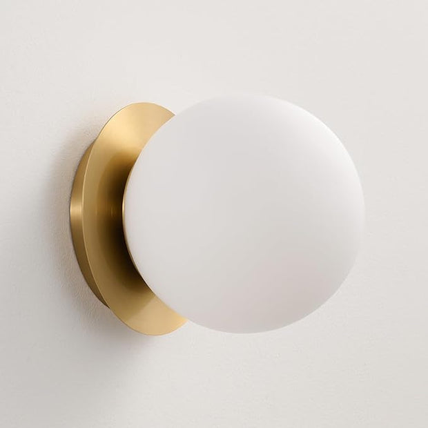 Modern Globe Brass Wall Sconce: 6" Gold Mid Century Modern Indoor Wall Mounted Lamp - Small Minimalist Frosted White Glass Bathroom Sconces - Ball Vanity Light for Bedroom Living Room Hallway Entryway