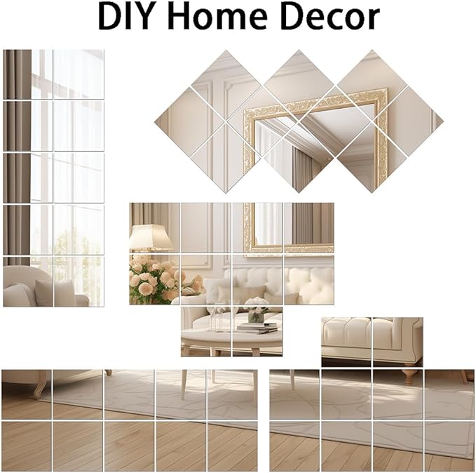Vlush Adhesive Mirror Tiles 12'' x 12'' x 10PCS Home Gym Decor Full Body & Full Length Mirrors Wall Mounted Mirrors Decorative for Home Gym, Door, Bedroom & Bathroom