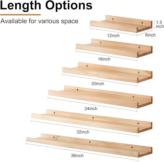 Floating Shelves for Wall Set of 2, 12 inch Rustic Pine Wood Wall Shelves for Bathroom, Living Room, Bedroom and Kitchen, Picture Ledge for Storage,Books,Room Decor,6x12 inch