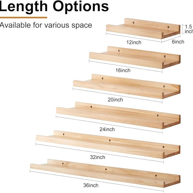 Long Floating Shelves 36 inch, Set of 2 Rustic Pine Wood Wall Shelves for Bathroom, Living Room, Bedroom and Kitchen, Picture Ledge for Storage,Books,Room Decor,6x36 inch