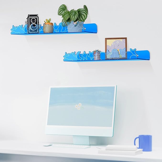 Floating Shelves for Wall,4 Pack 15.7’’x 3.5’’Adhesive Acrylic Shelves Organizer for Book Toy Photo Makeup,Wall-Mounted Kids Storage for Bathroom,Bedroom,Nursery,Blue Star and Moon