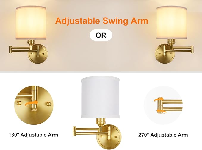 Battery Operated Wall Sconce with Remote Control, 15 Colors Dimmable Wireless Wall Sconces Set of Two, Rechargeable Cordless Wall Sconce Light, Swing Arm Wall Lamp with White Fabric Shade