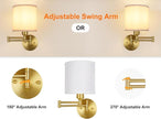 Battery Operated Wall Sconce with Remote Control, 15 Colors Dimmable Wireless Wall Sconces Set of Two, Rechargeable Cordless Wall Sconce Light, Swing Arm Wall Lamp with White Fabric Shade