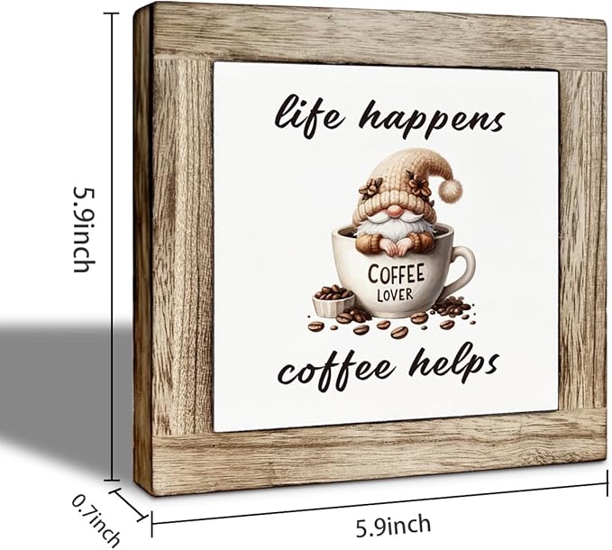 Coffee Bar Decor, Life Happens Coffee Helps Wooden Box Sign, Funny Gnome Wooden Block Sign, Bar Decorations for Home, Rustic Wood Table Top Decor 5.9×5.9 inch