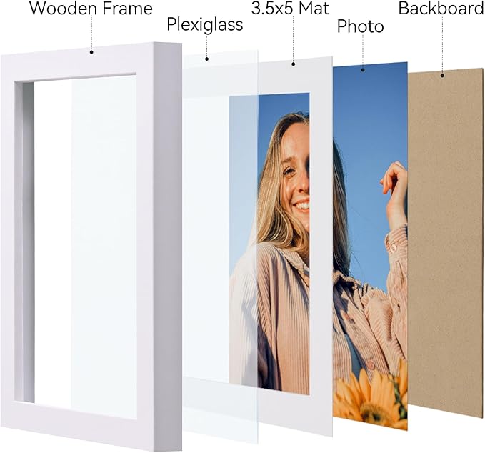 Vittanly 4x6 Picture Frame Set of 4, Display Pictures 3.5x5 with Mat or 4x6 without Mat, Engineered Wood with Shatter Resistant Plexiglass, Small Photo Frames for Wall or Tabletop Display, White