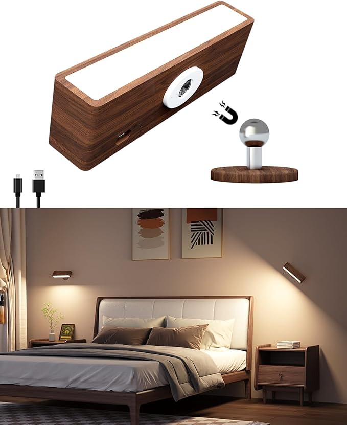 Wall Lights Battery Operated Wooden,Magnetic Wall Sconces Rechargeable,Adhesive Wall Lights for Bedroom,Dimmable Wall Mounted Bedside Lamp,Cordless Battery Wall Sconce for Bedroom Reading