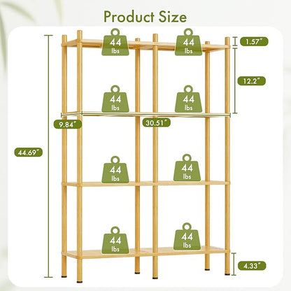 Book Shelf, 4 Tier Bamboo Bookshelf, Tall Bookcase with 8 Open Display Shelves Storage Organizer, Adjustable Bookshelves Standing Shelf Units for Bedroom, Living Room, Bathroom, Home Office