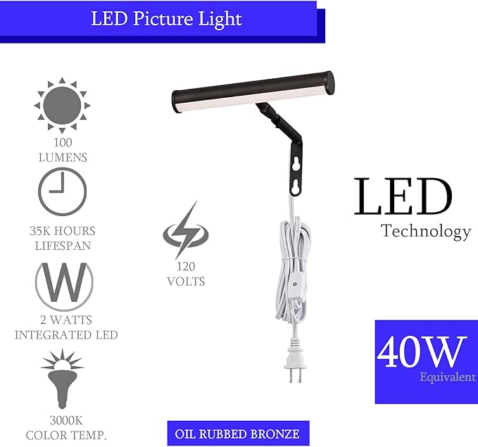 Ciata 7-Inch Picture Light with Integrated LED,3000K Warm White, 2Watt (40W Eqv) Metal Wall Mount Artwork Display Light, CRI90, 96 in Cord Length with in-line On/Off switch in Oil Rubbed Bronze Finish