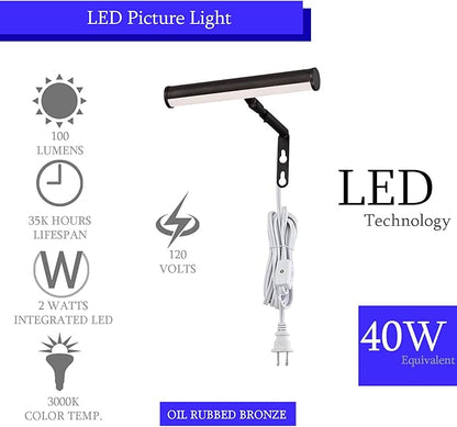 Ciata 7-Inch Picture Light with Integrated LED,3000K Warm White, 2Watt (40W Eqv) Metal Wall Mount Artwork Display Light, CRI90, 96 in Cord Length with in-line On/Off switch in Oil Rubbed Bronze Finish