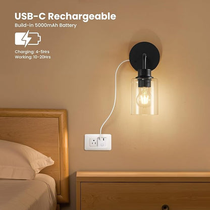 Battery Operated Wall Sconce Set of 2 - Dimmable Wireless Lamps for Wall Rechargeable Sconces Set of 2 with Remote Control, Cordless Battery Powered Wall Lights 3000K for Bathroom Bedroom