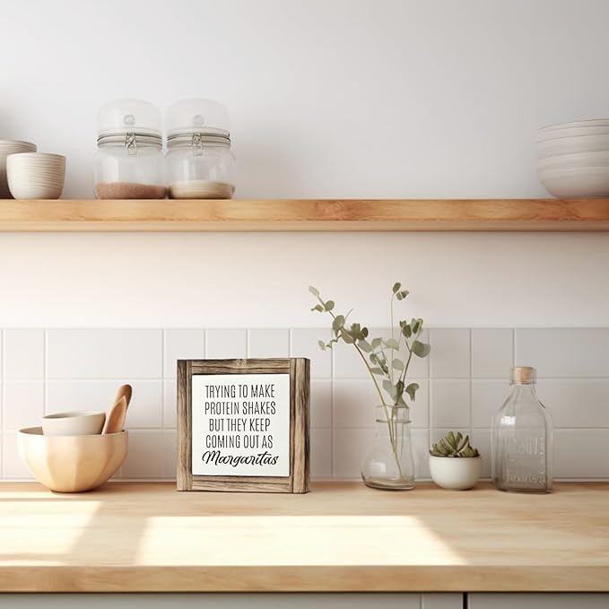 Home Kitchen Decor, Funny Margaritas Sign, Trying to Make Protein Shakes but They Keep Coming Out as Margaritas, Box Wood Desk Sign, Kitchen Bar and Wine Bar Decoration