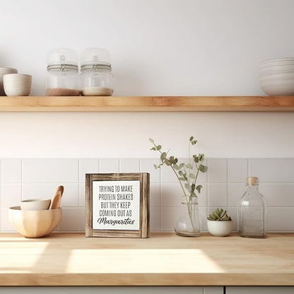 Home Kitchen Decor, Funny Margaritas Sign, Trying to Make Protein Shakes but They Keep Coming Out as Margaritas, Box Wood Desk Sign, Kitchen Bar and Wine Bar Decoration