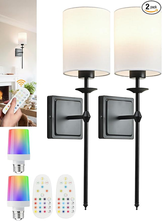 Battery Operated Wall Sconces Set of 2 Sconces Wall Decor Black Cordless Wall Sconces with Remote 12 Colors Modes Rechargeable Wireless Wall Lights Wall lamp for Bedroom Living Room