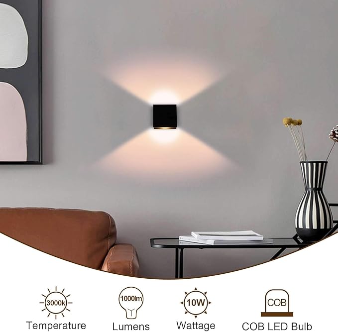 Lightess Indoor Wall Sconce Dimmable 10W, Modern LED Wall Lamp Black, Up Down Wall Mount Lights Mini Metal for Living Room Bedroom Hallway Decor, Warm White, O1185TP