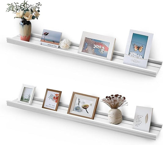 Muzilife 35.4 Inch Large Floating Shelves - Set of 2 Rustic Wood Floating Shelves - Wall Mounted Long Picture Ledge for Bathroom, Bedroom, Living Room, White, U Shape