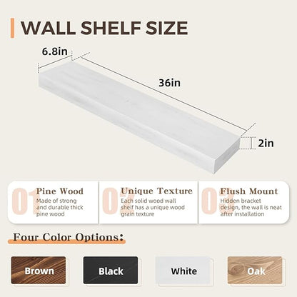 36x6.8x2 Inch Rustic Floating Shelves for Wall Set of 2 - White Solid Wood Wall Mounted Shelves with Invisible Bracket, Extended Design for Farmhouse Living Room Bedroom Kitchen Decor