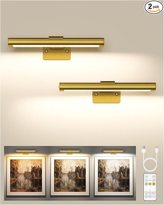 EZVALO Picture Light for Wall, Rechargeable 2400mAh Battery Lights Wireless Remote, 3 Color & Dimmable Magnetic 7.87'' LED Lights Display for Painting, Living Room, Gallery, Bedroom(Gold-2P)