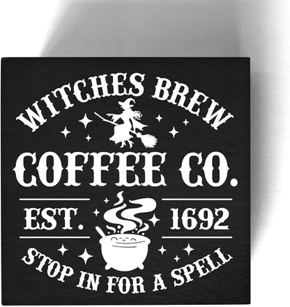 Witch Sign Witches Brew Coffee Wooden Sign Witchy Halloween Decor Gothic Magic Decorations for Home Kitchen Coffee Bar Shelf 5 X 5 Inches