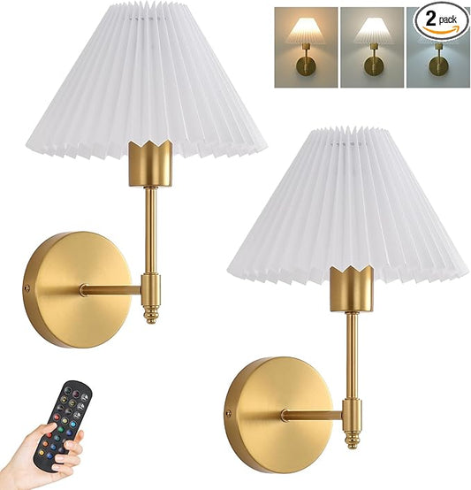Battery Operated Wall Sconces Set of 2, Gold Rechargeable Wall Lights with Remote, Dimmable Wall Lamp with Pleated Shade,15 Colors Wireless Bathroom Wall Sconce for Bedroom Living Room Hallway