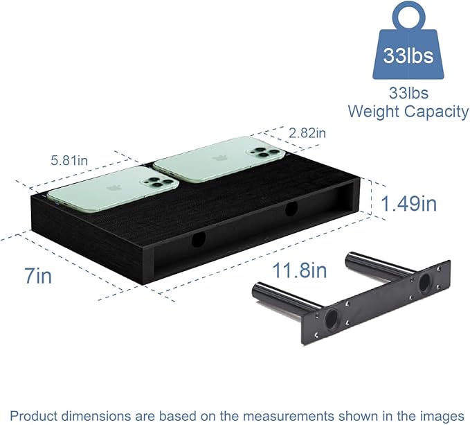 Floating Shelves Bathroom for Wall, Bathroom Shelves Over Toilet, Wall Shelves & Book Shelf, Hanging Shelf, Modern Wooden Wall-Mounted Small Floating Shelves, 12x7x1.5 in (Black, Set of 2)