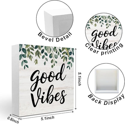 Botanical Eucalyptus Leaves Wood Box Sign Desk Decor, Good Vibes Rustic Eucalyptus Desk Decorative Signs for Home Office Table Shelf Cubicle Mental Health Wooden Block Box Sign