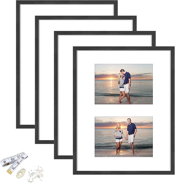 11x14 Picture Frame, Black Wood Photo Frame 8x10 with Mat or 5x7 with 2 Mat with Perspex Glass for Vertical or Horizontal Tabletop Wall Display for Photos, Birthday Christmas Gift, Set of 4