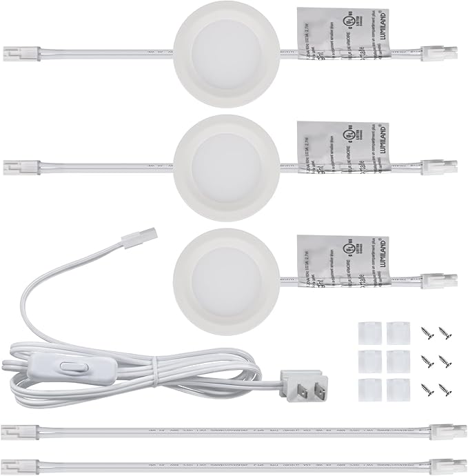 LUMILAND Wired LED Puck Lights 120V (2.7Wx3) Plug-in Lighting Warm White, LED Cabinet Light for Kitchen Can Be Surface Mount or Recess Mount, White