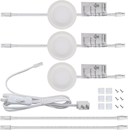 LUMILAND Wired LED Puck Lights 120V (2.7Wx3) Plug-in Lighting Warm White, LED Cabinet Light for Kitchen Can Be Surface Mount or Recess Mount, White