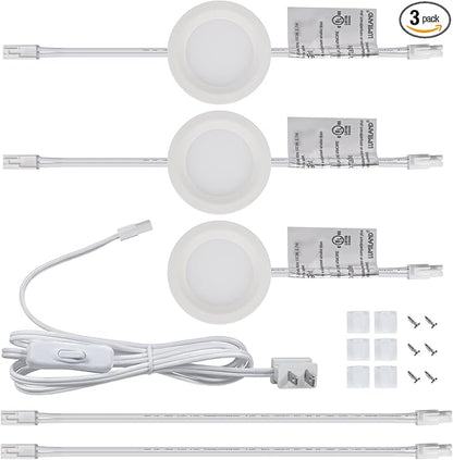LUMILAND Wired LED Puck Lights (2.7Wx3) Plug-in Lighting Natural White (4000K), LED Cabinet Light for Kitchen Can Be Surface Mount or Recess Mount, White