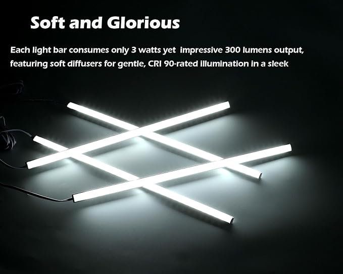 V-Shape Under Cabinet Lighting Kit - 4pcs Sleeker 12" Dimmable LED Light Bars for Showcase Shelf Seamless Illumination - 1200lm, 12W - Pure White (6000K)