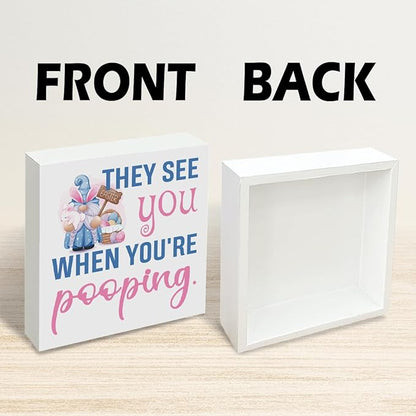 Funny Bathroom Decor Easter Bunny Wooden Box Sign They See You When You're Pooping, Farmhouse Toilet Tank Shelf Plaque, Easter Decorations for Home 5x5 Inch