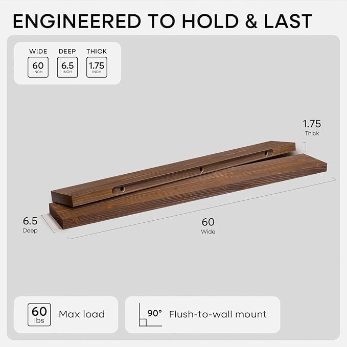 Homeforia Classic Walnut 60 inch Floating Shelf, High End Solid Real Wood Small 60inch Floating Shelves for Wall Mounted, 60in Floating Shelves, Heavy Duty Bracket, 60 X 6.5 X 1.75 inches, Set of 2