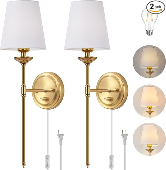 Dimmable Plug in Wall Sconces Set of 2, Gold Bedside Wall Lamp with Knob Dimmer Switch and 6.5FT Electric Cord, Mid Century Modern Bathroom Wall Light Fixture for Bedroom Living Room